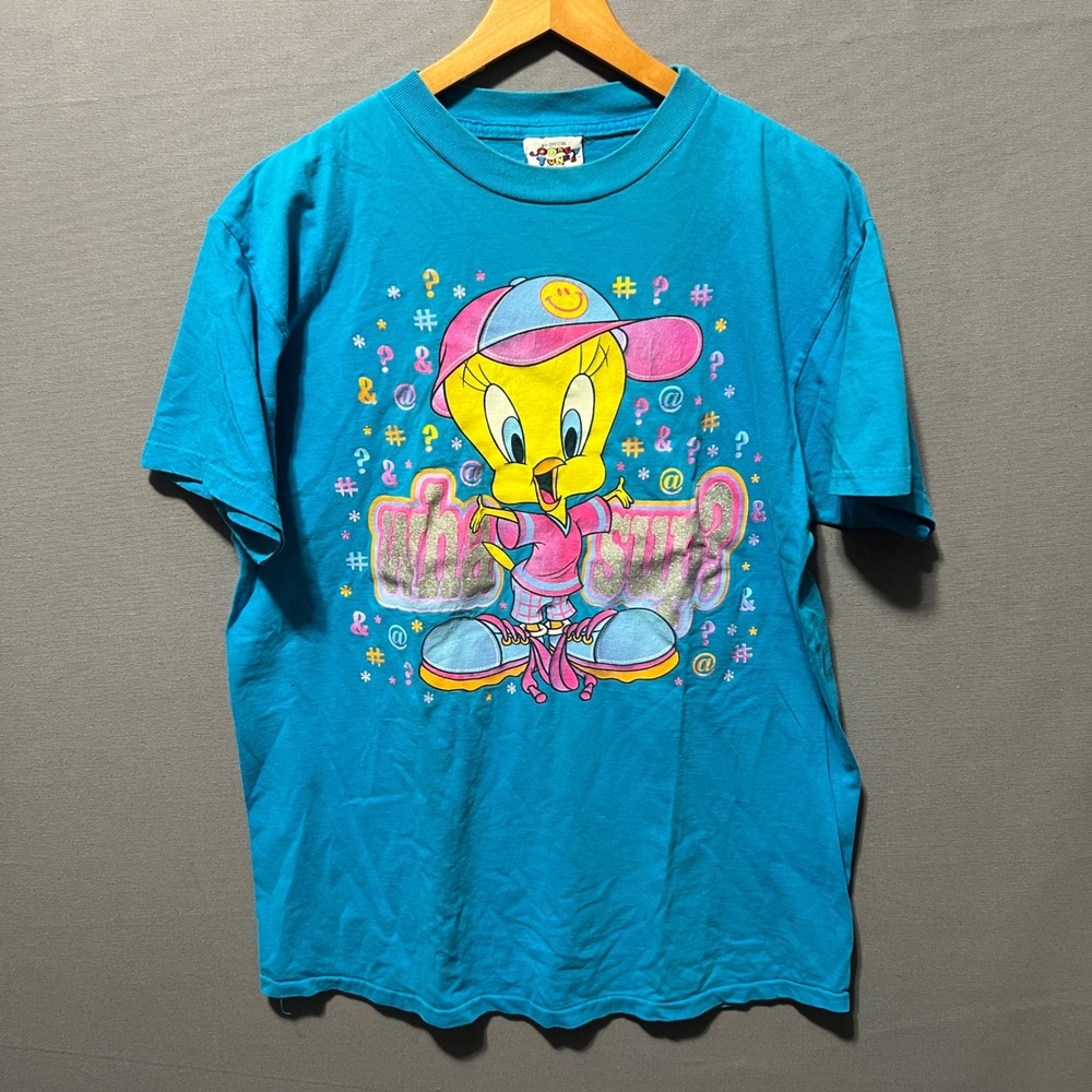 Vintage Looney Tunes Tweety Bird Wha Sup Teal Graphic T-Shirt Mens Large 90s